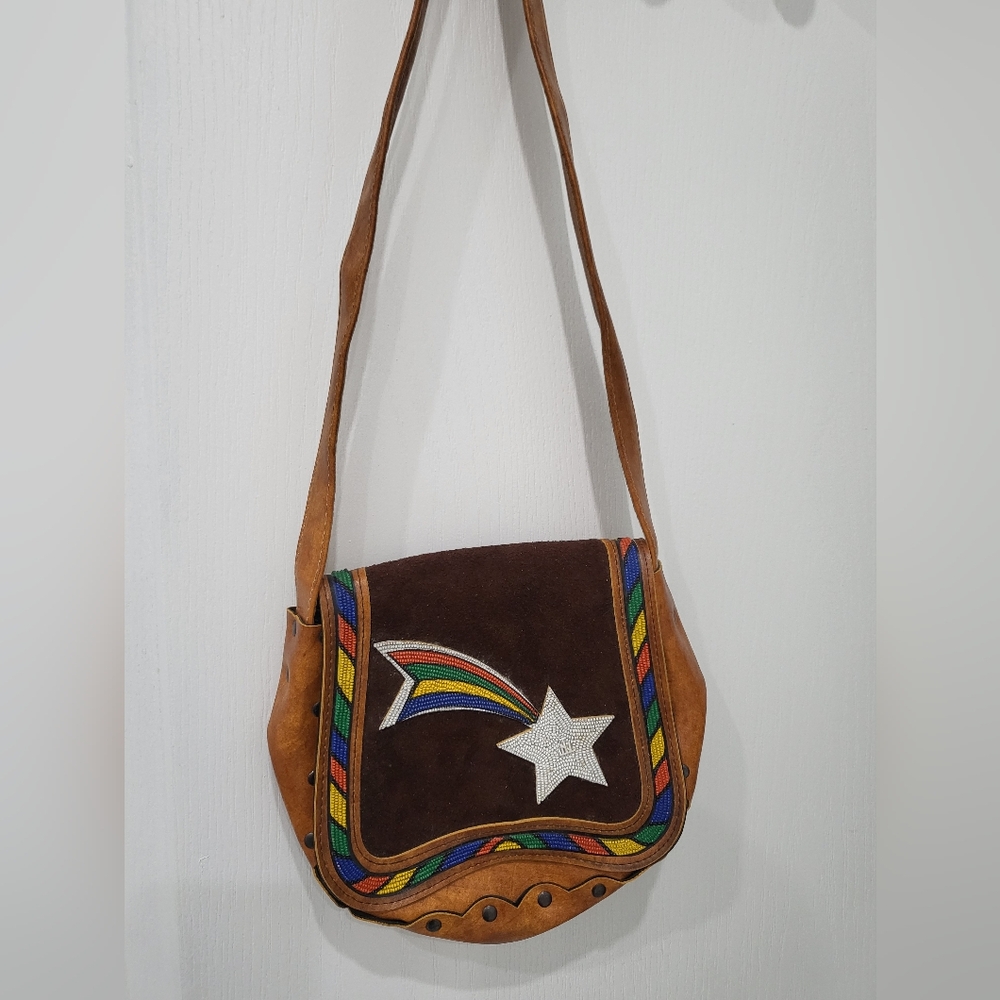 Vintage Brown Leather Shoulder Bag with Rainbow Accents
